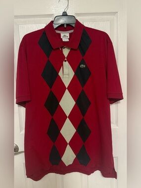 Lacoste Polo Shirt Mens 2XL Red Argyle Diamond Front Short Sleeve Cotton Logo